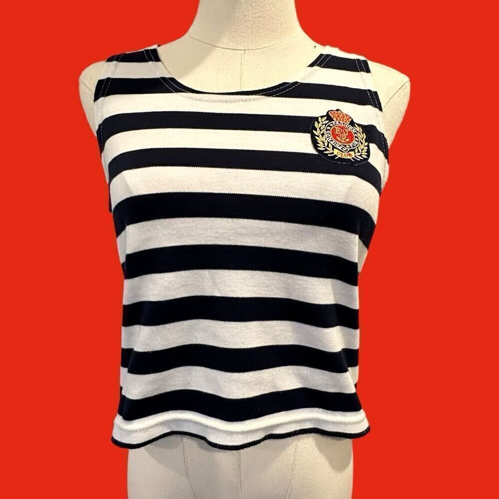 EJ Gitano Eva Joia Rene Dabah Vintage 80's Navy‎ Blue White Tank Top Shirt L